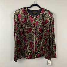 R K Evenings Velvet Floral Blazer Jacket Size 18 Wine Green Shoulder Pads