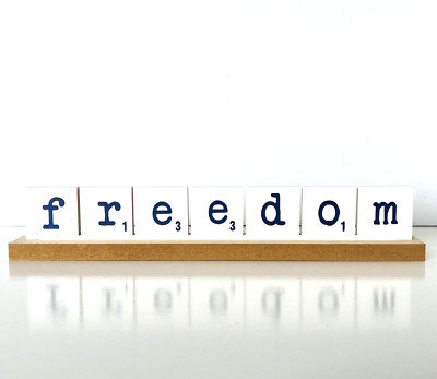 Freedom Scrabble Tile-Style Navy White Blank on Reverse 14 W Shelf Desk Decor