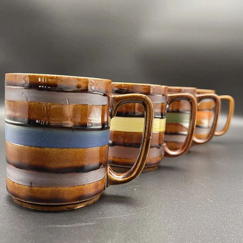 vtg japan striped brown glaze 8oz cups mugs 4 Colors Striped