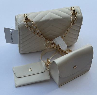 White Chevron Quilted Small Rectangle Shoulder Bag Gold Chain Strap, Coin Purse