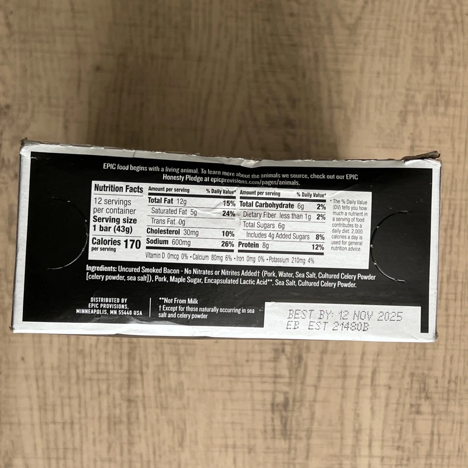 Barras de proteína de tocino sin curar EPIC 12ct - 18 oz bocadillo paleo sin gluten BB 11/12/25 Foto 3 de 4