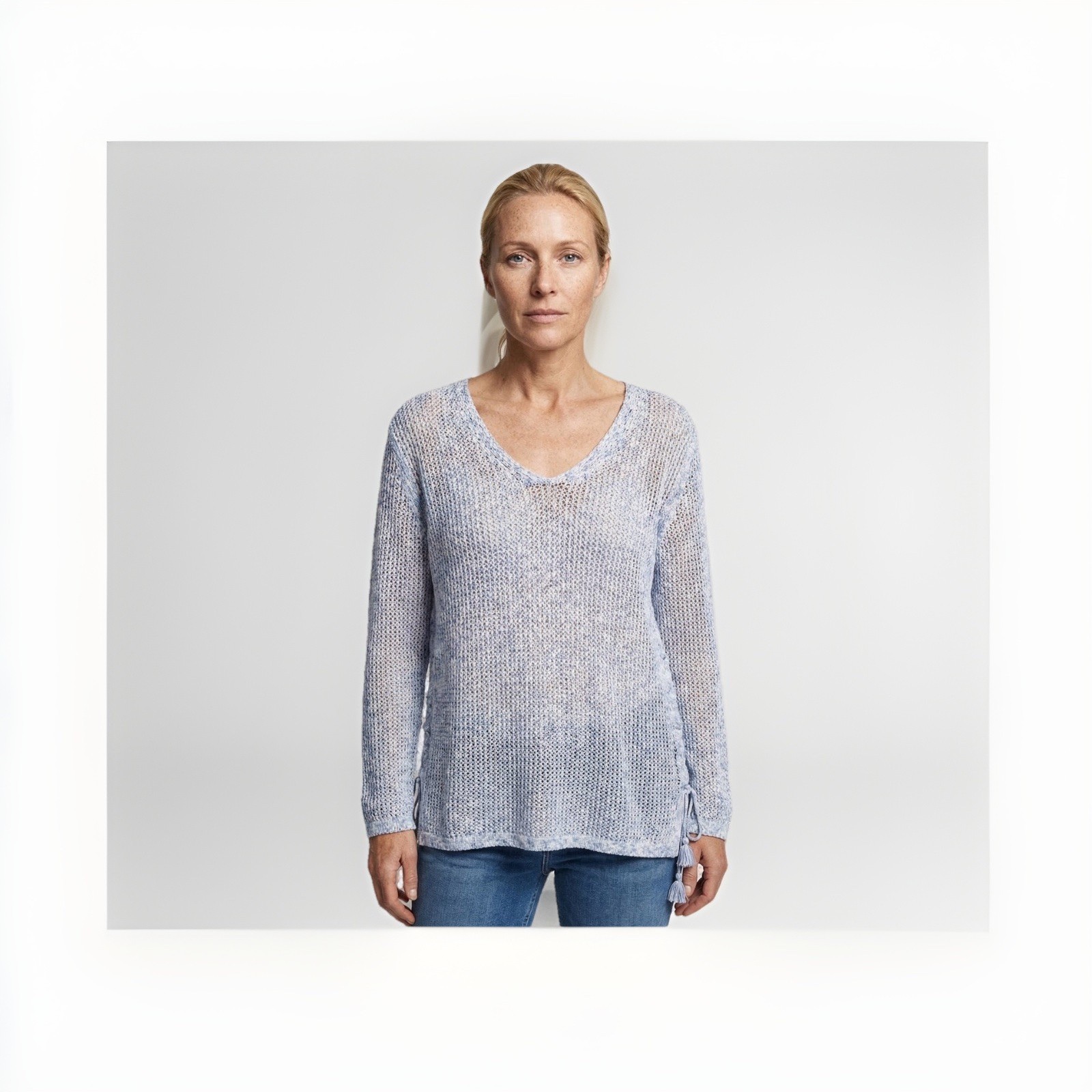 Talbots Open Knit V-Neck Long-sleeve Sweaters With Tassels Lightweight Blue