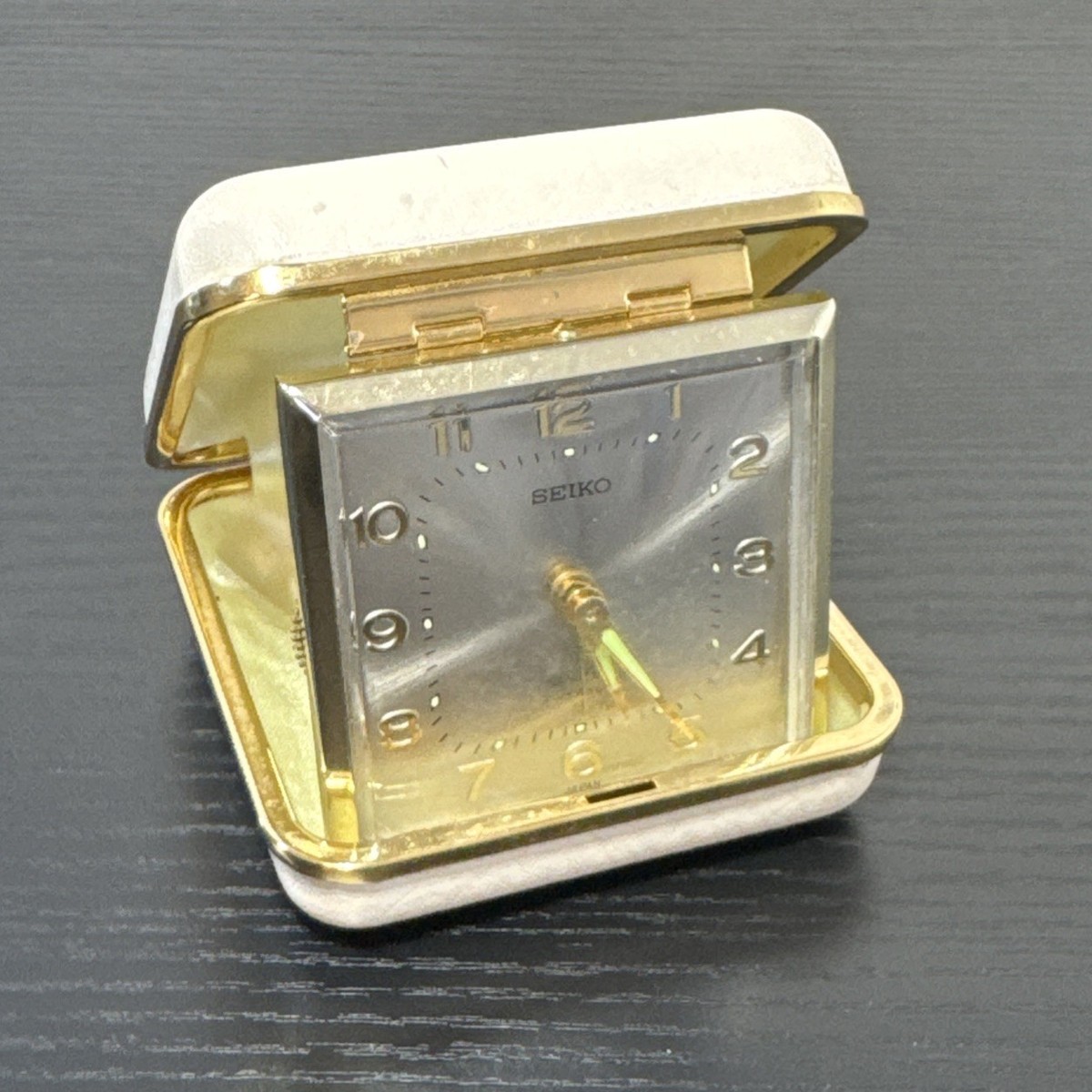 Vintage 1960's Seiko Japan Folding Travel Alarm Clock Tan & Gold