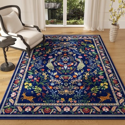 Area Washable Rug Floral Non Slip Low Pile Small Carpet Blue 4x6Feet