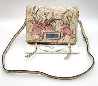 Auth Prada 1BD082 Etiquette Rabbit Leather White Shoulder Bag W/Dustbag NS080633