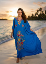 Women Cotton Kaftan Maxi Dress Blue Embroidered Boho Hippie Resort Cover Up L-2X