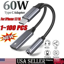 2 in 1 Type-C USB C to 3.5mm AUX Audio Headphone Jack Adapter Charger Cable LOT