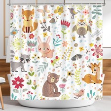 Funny Animal Shower Curtain for Kids Woodland Plants Bathroom Decor 72x72"