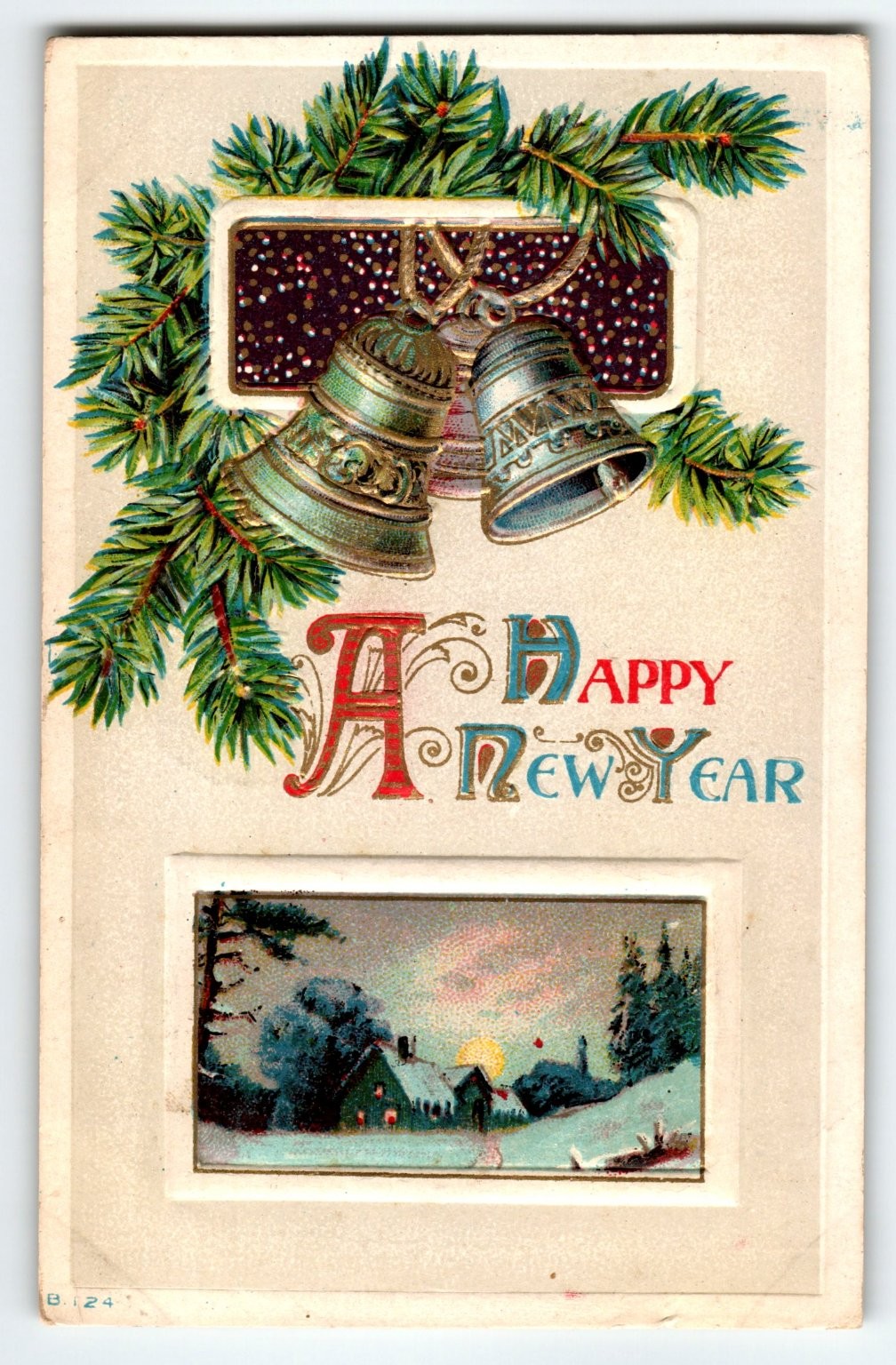 Vintage 1912 Embossed Happy New Year Postcard with Bells & Snow Scene