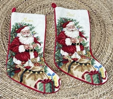 Lillian Vernon Mom Dad Needlepoint Wool Santa Christmas Stockings 17" Set Of 2