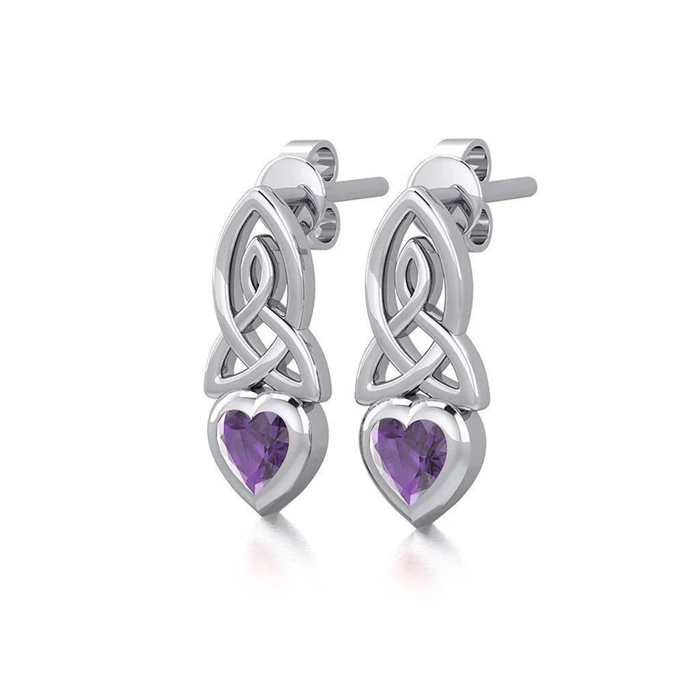 Celtic Knotwork Amethyst Heart Sterling Silver Post Earrings - Image 3 of 3