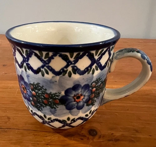 Unikat Polish Pottery Bubble Mug; Flowers; Poland; Hand Made; signed Anna