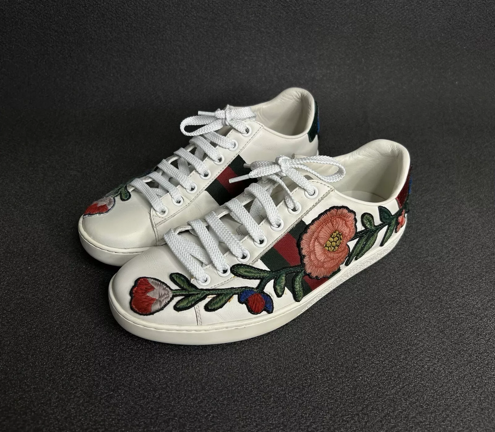 Gucci Ace Baskets Florales Cuir Web Rayure Chaussures Blanc Taille 36