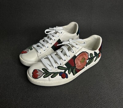 Gucci Ace Floral Sneakers Leather Web Stripe  Shoes White Sz 36