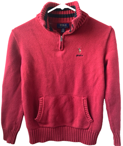 FLAWS Boys Large L RALPH LAUREN 1/4 Zip RED Sweater Cotton 14-16 SNUG $85 POLO - Picture 9 of 21