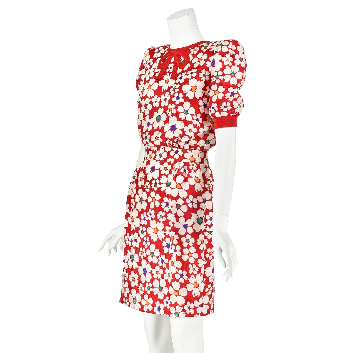 最終SALE! RED VALENTINO flower appliques dress VALENTINO Vintage Red & White Floral Silk Dress w Red