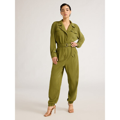 Sofia Jeans Womens Utility Jumpsuit Front Button 26'' Inseam Green Olive Size M