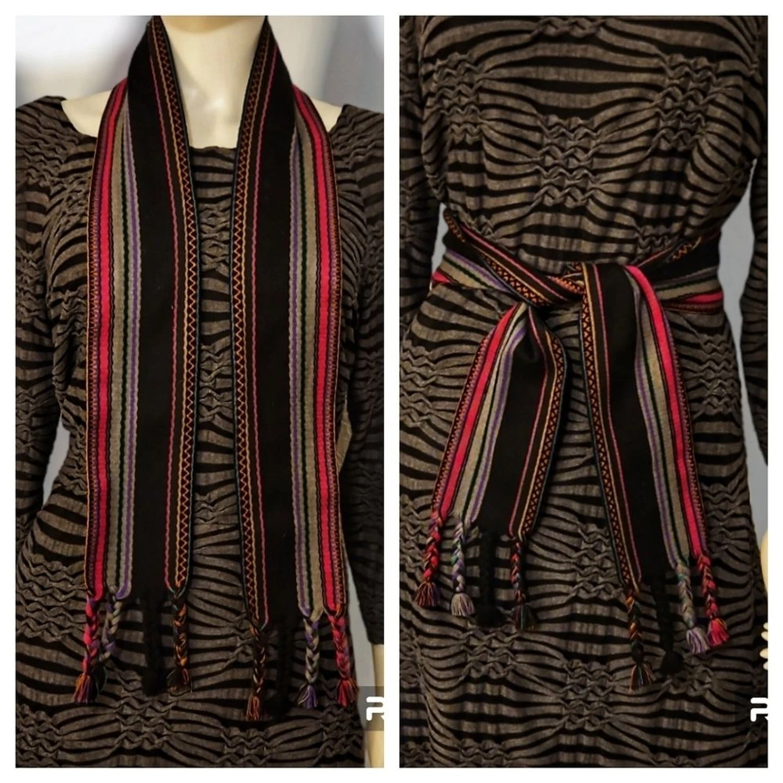Ceinture vintage Christian Dior années 80 tissée à la main franges tressées rayures