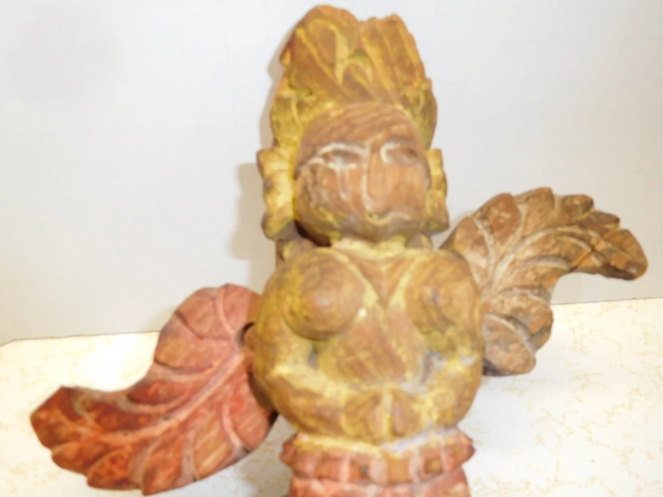 Antiguo/Antiguo India 9" Grito, Rojo, Azul Madera Tallada Diosa Muebles Adorno! Foto 4 de 4