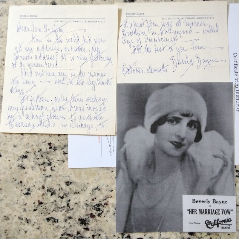 Beverly Bayne SIGNED Letter Silent Film Actress Loan Shark Marriage Vow Career