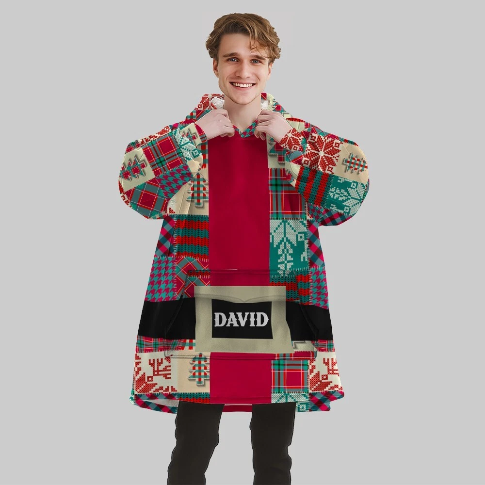 Personalized Santa Coat Christmas Pattern Patchwork Blanket Hoodie