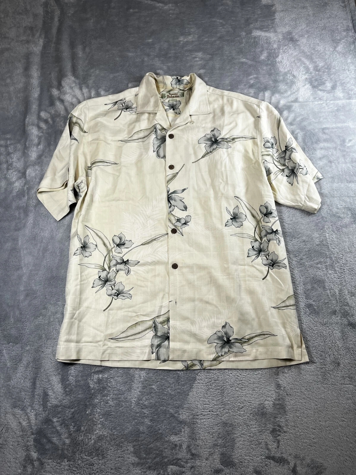 Tommy Bahama Mens M Ivory W/ Blue Hibiscus Silk Short Sleeve Hawaiian Shirt Vtg