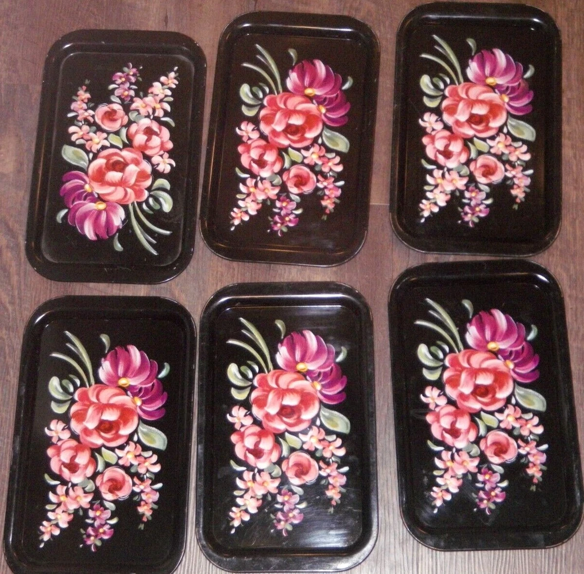 VINTAGE Set of 6 Black Metal Toleware Snack TV Trays Roses Flowers