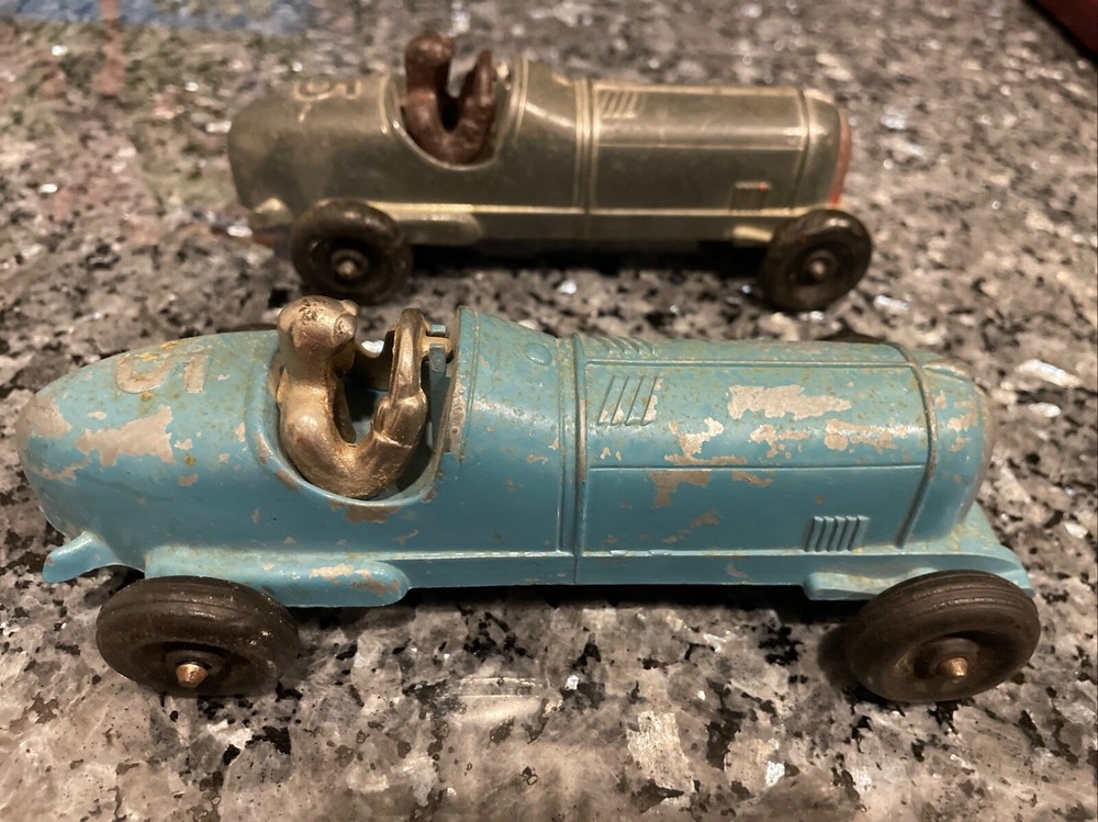 (2) Vintage 1940's Hubley Kiddie Toy #5 Cast Iron Race Cars w/ Drivers #456/457