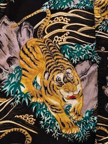 PRESENCE Asian 100 Tigers Black Hawaiian Aloha Shirt Spooner Kahala Avanti XL - Bild 5 von 12