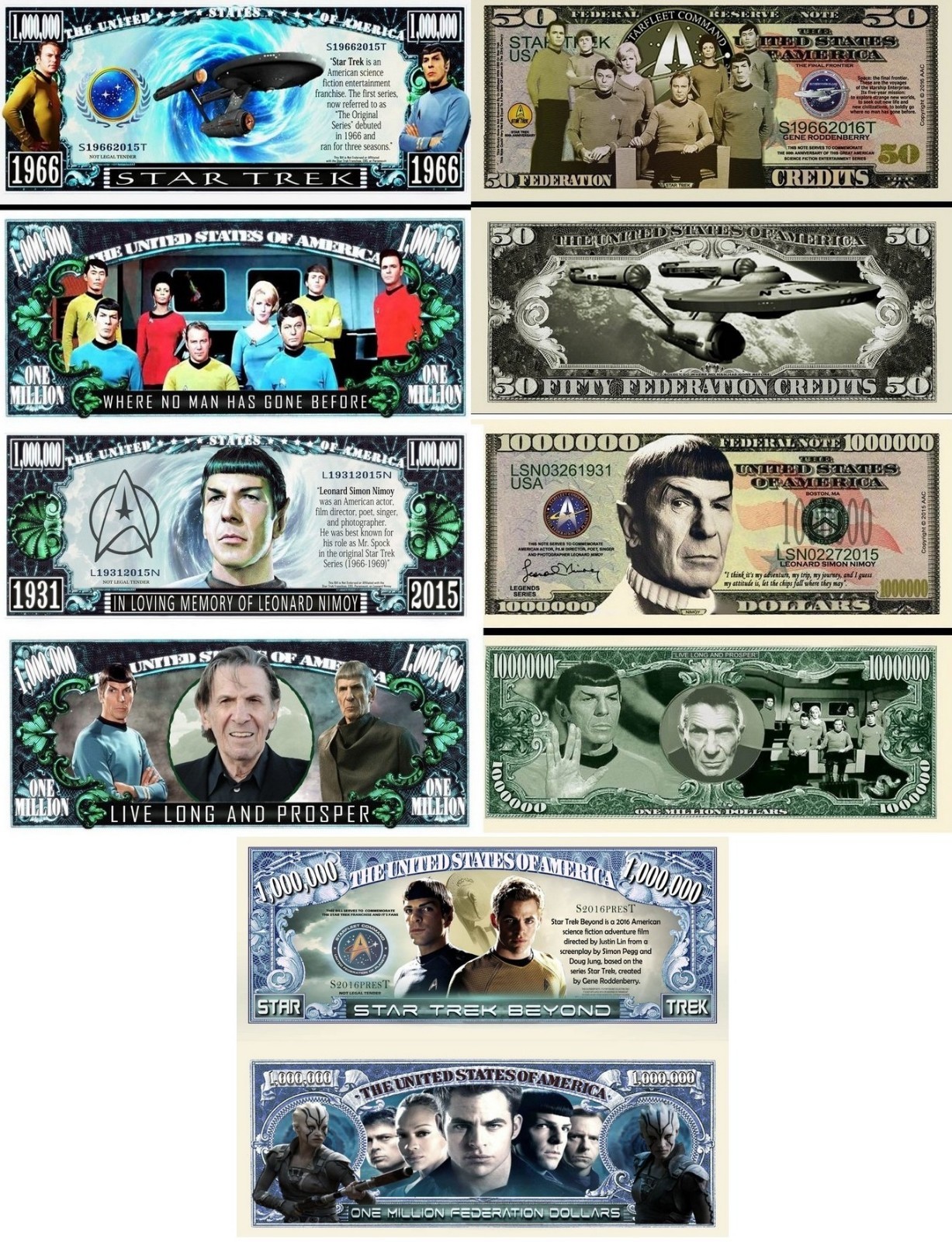 Star Trek Set of 5: Million Dollar Bill Funny Money Novelty Notes +FREE SLEEVES 