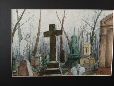 Original Aquarell ''Highgate Friedhof'' von M Kelly, auf Bockingford 300gms