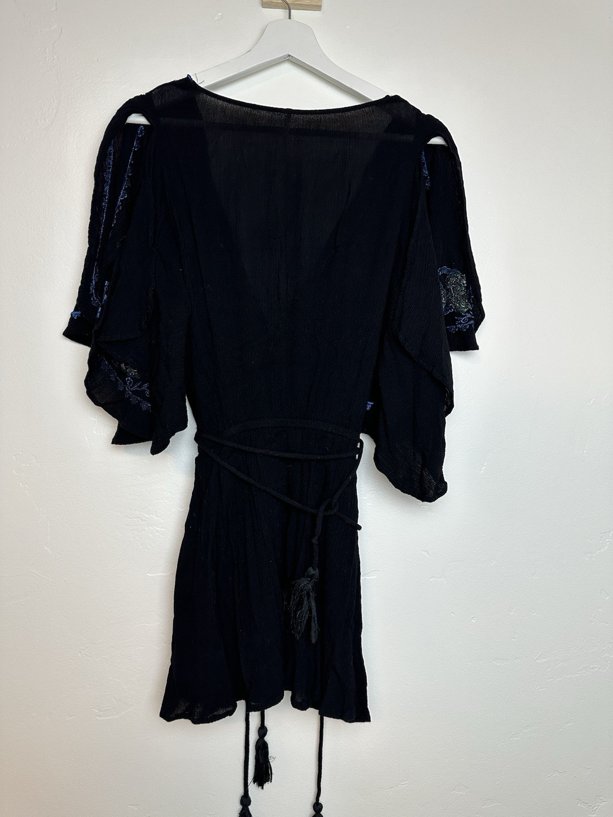 Free People Cora Mini Dress Womens XS Black Embroidered Floral Belted Boho — image 6