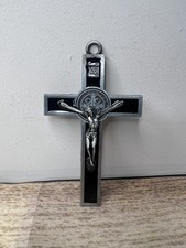 Crocifisso San Benedetto Croce da Parete Argento Metallo Nero Decorazione Religiosa Cattolica