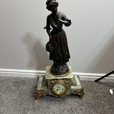 Antique Figural Mantel Clock Green Onyx Manon A J Scotte Sculptur Gold Gilt READ