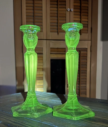 Fenton 449 Florentine Candlesticks Set 3 Uranium Green Cadmium Red Glow 8.75"