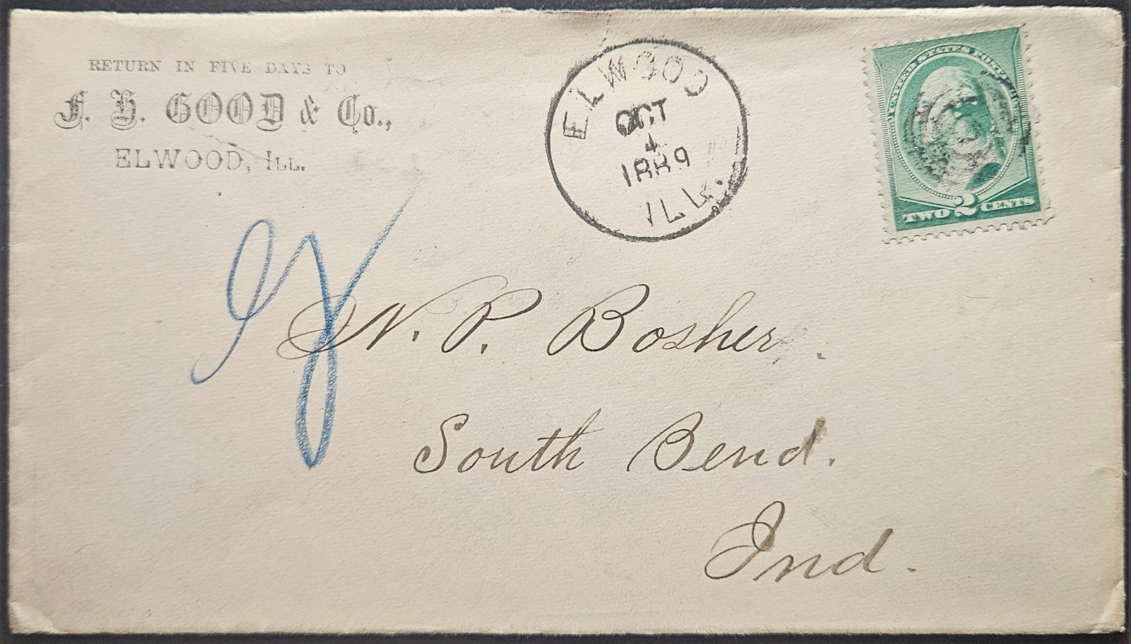 Elwood IL Target Cancel 2c Banknote 1889 Will County