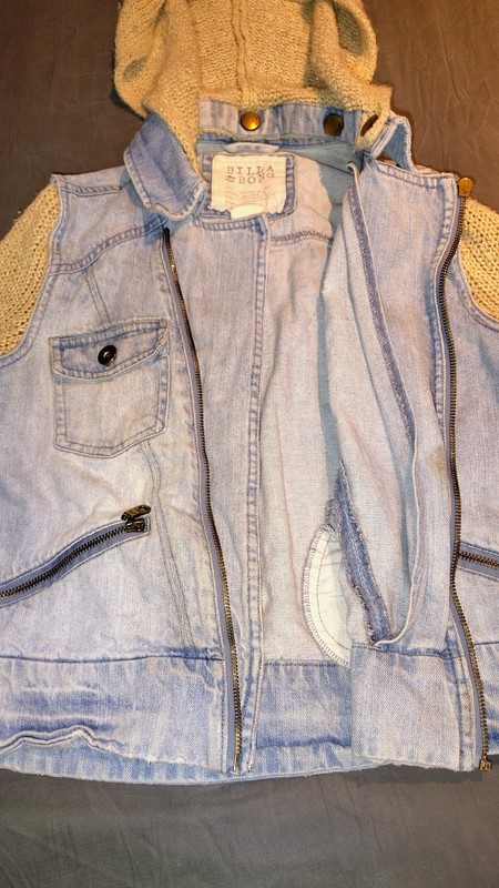 Billabong Womens Jacket M Denim Jean Mixed Media Knit Sleeves Removable Hood