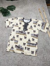 African Dashiki Shirt Mens Large Beige Brown Safari Animal Print Tribal Tunic