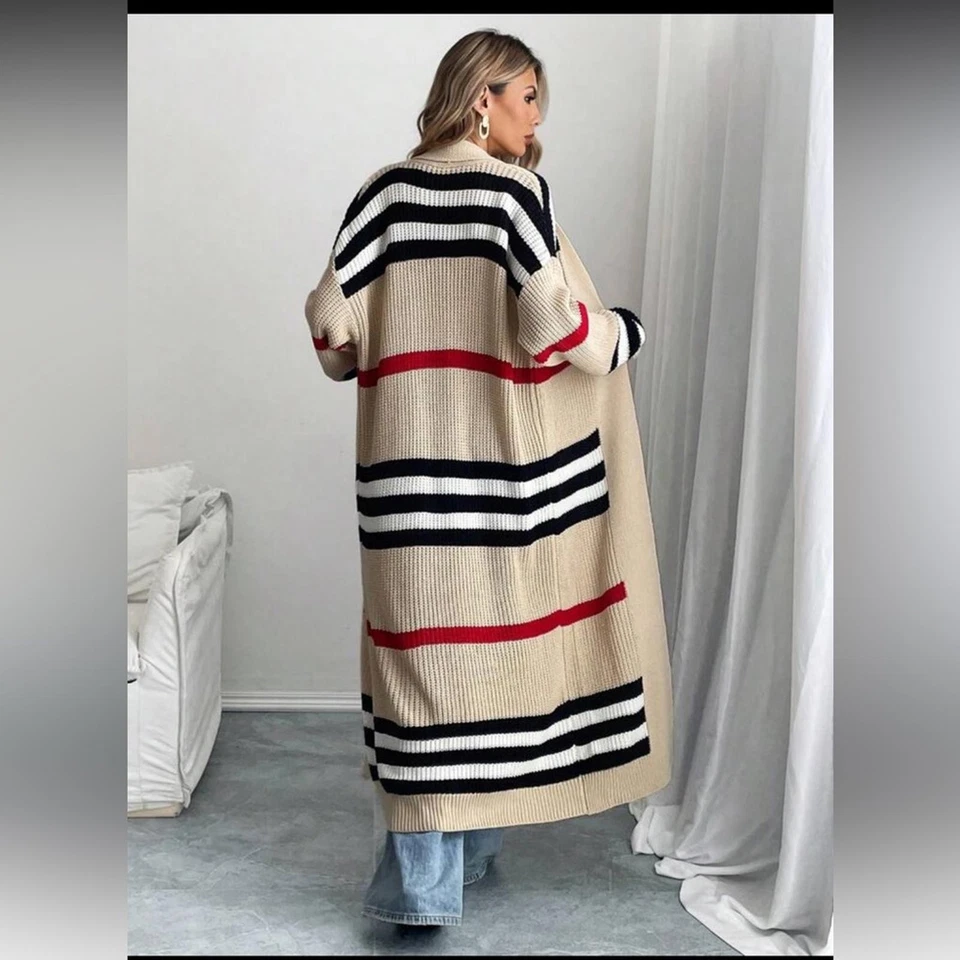Cárdigan tejido largo Anthropologie abrigo suéter beige negro rojo rayas Foto 2 de 4