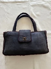 CHANEL Coco Mark Fringe Mouton Handbag Navy Lambskin Leather Suede Used Auth