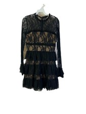 New Bailey 44 Mini Dress Womens 6 Black Lace Tiered Sheer Sleeve