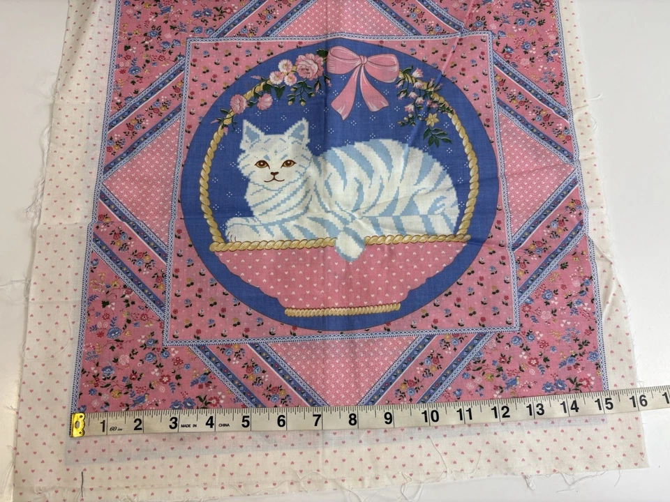 Cat Kitty Pillow Quilt Fabric Panel Pink Blue VIP Cranston Print Works 80’s Vtg - Image 2 of 4