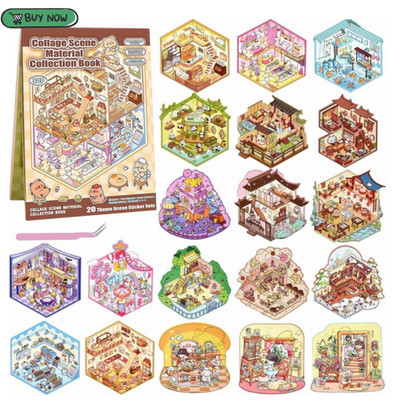 20 Sets 3D Sticker Scene, Miniature House Book for Sticker Therapy, Cute Cartoon