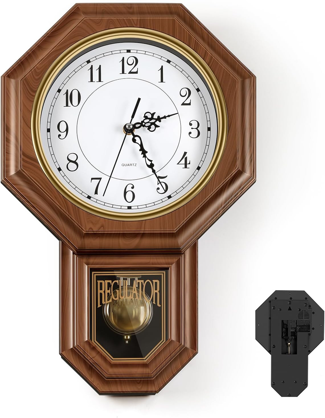 Pendulum Wall Clocks Battery Operated, Wood-Looking Plastic Regulator Clock with