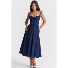 House of CB Navy Blue Corset Carmen Bustier Flare Sundress Dress Size XS