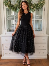 Calvin Klein Black Fit & Flare Sleeveless Midi Tulle Pearl Tea Dress Size 4