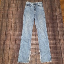 Zara High Waist Straight Slit Leg Jeans Womens 2 Blue High Raw Hem Light Wash