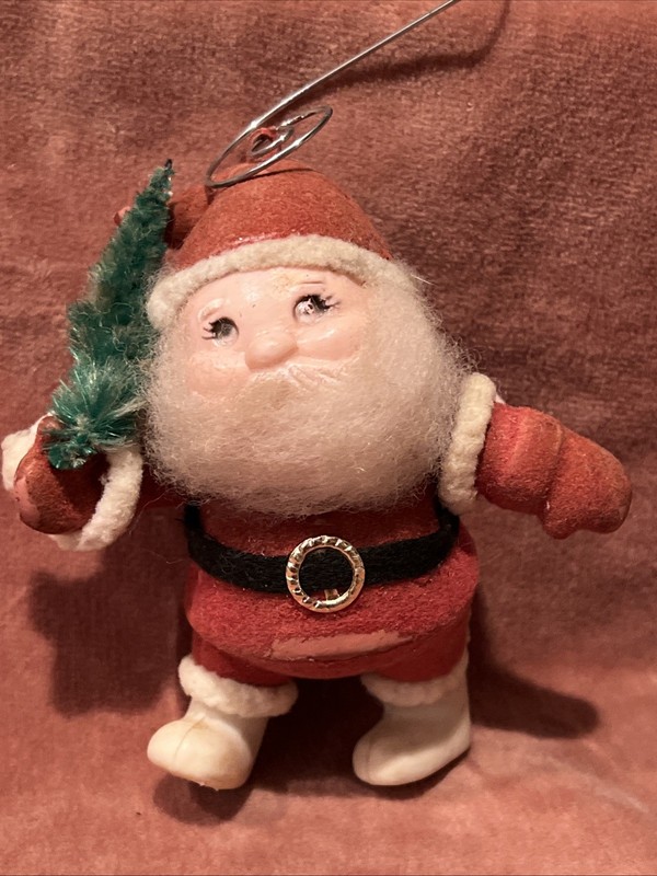 Vtg FLOCKED PLASTIC BLOW MOLD DANCING SANTA CLAUS XMAS ORNAMENT WITH TREE