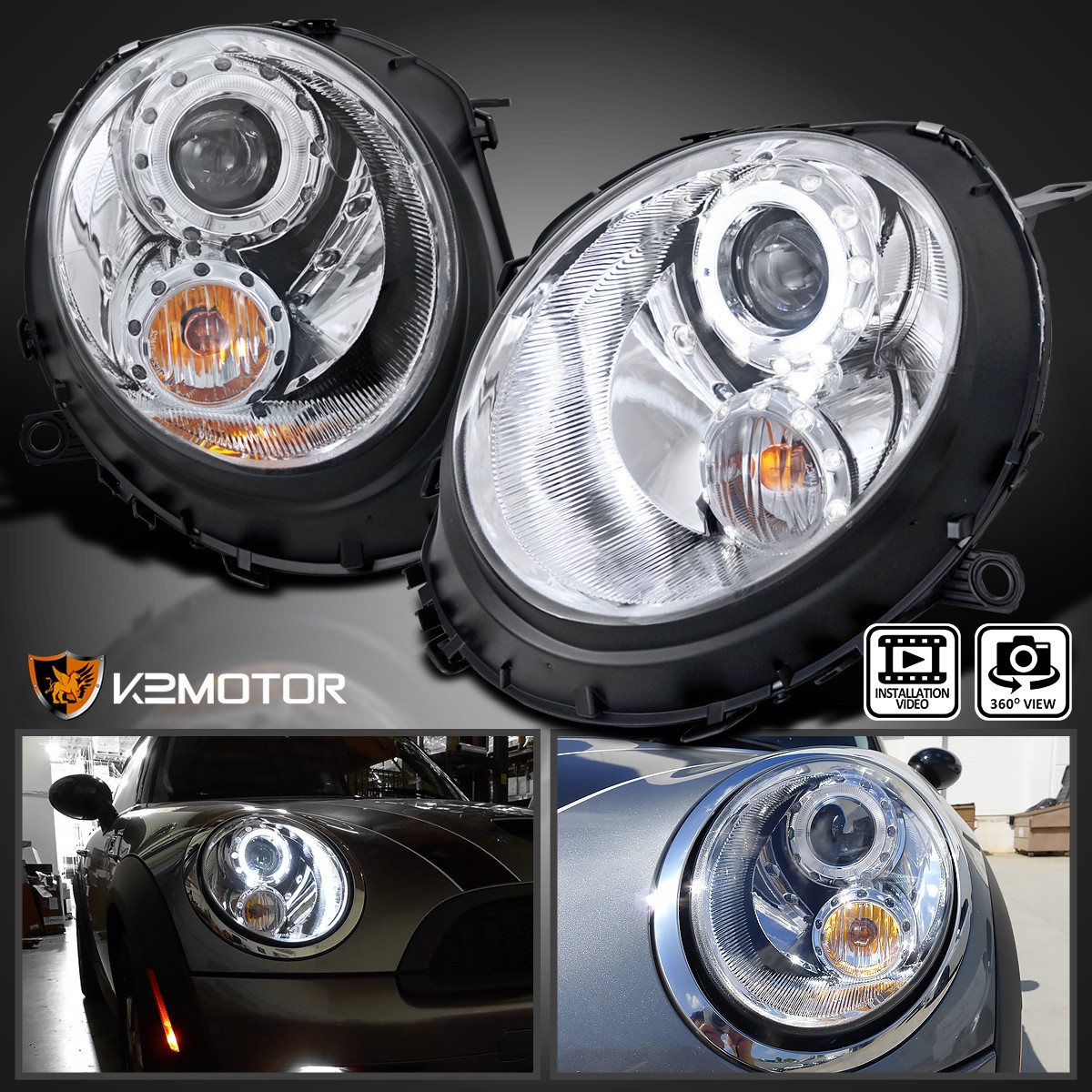 Fari Anteriori Completi Bi-LED Con Angeli Halo Per BMW Mini F56 Cooper 2014-2019, Sostituzione Alogena, Set 2 Pezzi
