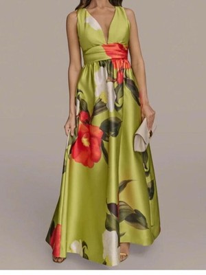 DONNA KARAN Floral Sleeveless Mikado Gown in Summer Citron